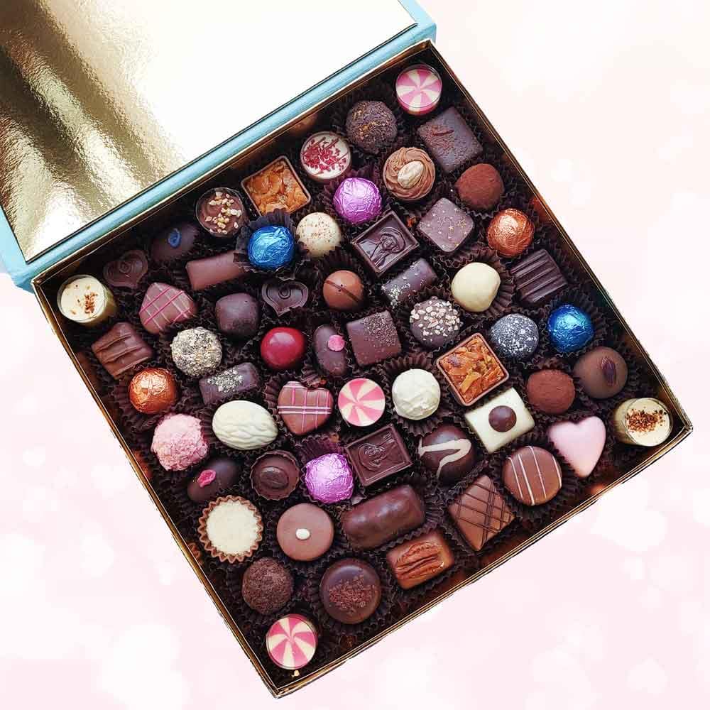 Close up view of a box of chocolates